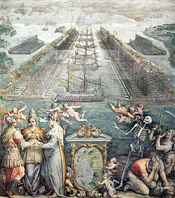 Order of battle of the two fleets in the Battle of Lepanto, with an allegory of the three powers of the Holy League in the foreground, fresco by Giorgio Vasari