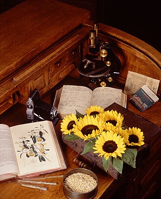 Some of the traditional tools of cultivated plant taxonomy including: microscope, camera, flowers and book to assist identification.
