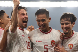 Indonesia's players celebrate a goal against the Philippines, 11 June 2024. Indonesia won 2–0.