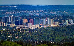 Aerial view of Bellevue, Washington, a typical edge city with a large amount of office and retail space