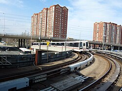 A train on Line 3 Scarborough approaching Kennedy station