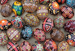 A collection of traditional Ukrainian Easter eggs—pysanky. The design motifs on pysanky date back to early Slavic cultures