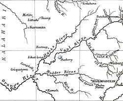 The Riet River on a map of 1887. The lower Modder has since become the lower Riet.