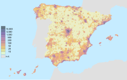 Population density by municipality in Spain, 2018