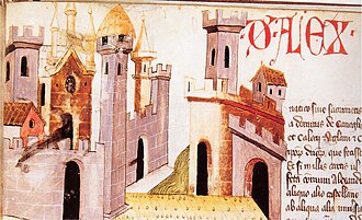 Allegoric image of Alessandria (on the left) and of Bergoglio (on the right) with in the foreground the old wooden bridge on the Tanaro. Miniature of Codex Astensis, end of the 14th century, Archivio Storico del Comune di Asti.