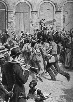 Illustration of rioters breaking into parish prison, during the 1891 lynchings in New Orleans