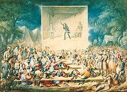An 1839 Methodist camp meeting during the Second Great Awakening in the U.S.