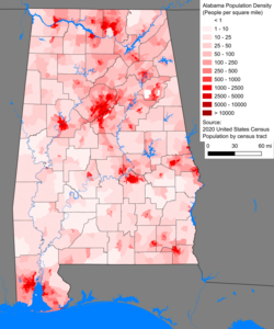 Alabama's population density, 2020