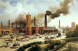 Gründerzeit primarily refers to the entrepreneurial boom of late 19th-century Germany; machine and locomotive ironworks of Borsig AG in Berlin's Feuerland, 1847 painting by Karl Eduard Biermann