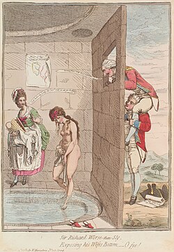 1782 cartoon by James Gillray, depicting Sir Richard Worsley helping George Bisset view his wife, Seymour Fleming, naked in a bath-house. The caption reads: "Sir Richard Worse-than-Sly / Exposing his Wifes Bottom; – O fye!"