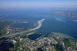 The mouth of the Alpine Rhine into Lake Constance
