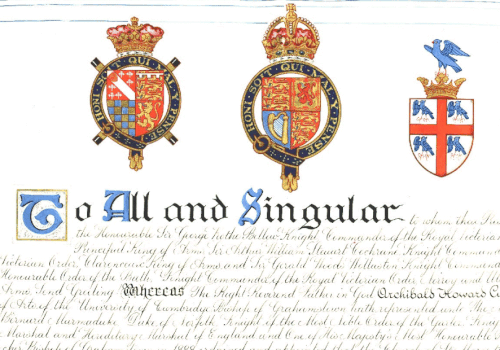 A section of a modern grant of arms for the Rt. Rev Archibald Howard Cullen the 6th Bishop of Grahamstown in South Africa. The grant was issued by the Garter King of Arms, Sir George Rothe Bellew in the 1950s.