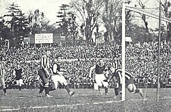 Harry Hampton of Aston Villa scores one of his two goals in the 1905 FA Cup final.