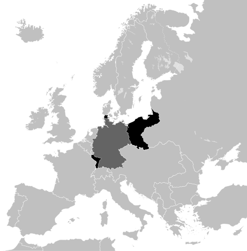 German territories lost in both World Wars are shown in black, while present-day Germany is marked dark gray on this 1914 map.