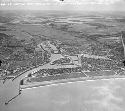Oblique aerial photograph of Dieppe taken in June, 1945, showing the Red beach.