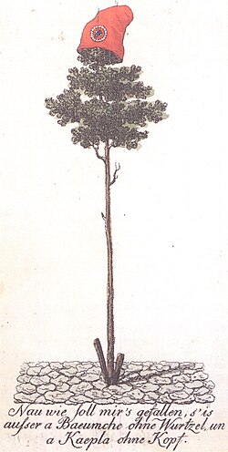 A tree of liberty topped with a Phrygian cap set up in Mainz in 1793. Such symbols were used by several revolutionary movements of the time.