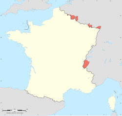 In red: territories left to France in 1814, but removed after the Treaty of Paris