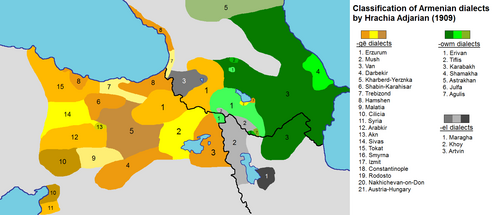 Map of the Armenian dialects in early 20th century: -owm dialects, nearly corresponding to Eastern Armenian -el dialects (intermediate) -gë dialects, nearly corresponding to Western Armenian