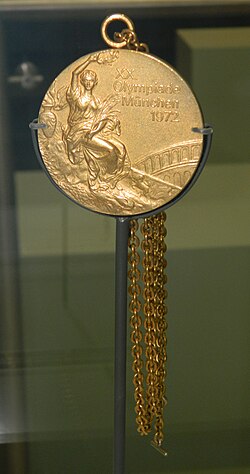 Gold medal awarded to Mary Peters for the 1972 Olympic women's pentathlon.