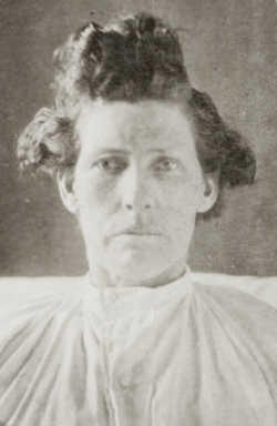 1879 photograph of Edward de Lacy Evans, upon his admittance into Kew Lunatic Asylum. Evans identified as a man for the majority of his life, later becoming known in Melbourne as the "Wonderful Male Impersonator".[127]