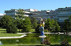 The main building of the Ulm University, in front Niki de Saint Phalle's "The Poet and His Muse" (1978)