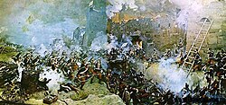 The Storming of Izmail on 22 December 1790, by Russian troops under the command of Alexander Suvorov. Suvorov's victory was immortalized with the empire's newfound national anthem: "Let the Thunder of Victory Rumble!".