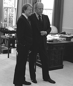 President Gerald Ford and President-elect Jimmy Carter in the Oval Office on November 22, 1976