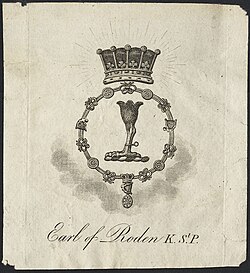 Heraldic device of Robert Jocelyn, 3rd Earl of Roden, showing crest (falcon's leg, belled), coronet of an earl, and collar of the Order of Saint Patrick.