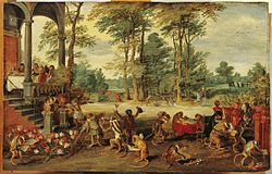 Allegory of the Tulipomania [de], persiflage on the tulip mania, by Jan Brueghel the Younger (1640s)