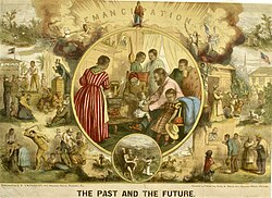 Color lithograph of Thomas Nast's 1863 woodblock etching Emancipation: The Past and the Future (Library Company of Philadelphia 1865-3 variant 101540.F)
