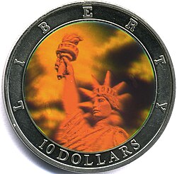 Holographic coin from Liberia features the Statue of Liberty (Liberty Enlightening the World)