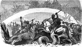 Tolkien likened the Last Battle, Dagor Dagorath, that ends "the world" (Arda) to the Norse Ragnarök.[T 34] Engraving Battle of the Doomed Gods by Friedrich Wilhelm Heine, 1882