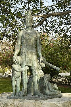 A statue of Gonzalo Guerrero, who adopted the Maya way of life and fathered the first mestizo children in Mexico and in the mainland Americas (the only mestizos before were those born in the Caribbean to Spanish men and Indigenous Caribbean women)