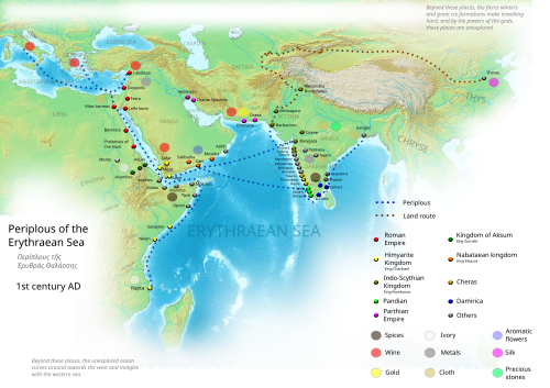Settlements and commercial centres in the vicinity of the Red Sea involved in the spice trade, as described in the Periplus of the Erythraean Sea