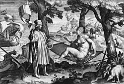 Amerigo Vespucci awakens the sleeping America, a late 16th-century illustration depicting Amerigo Vespucci's voyages to the Americas