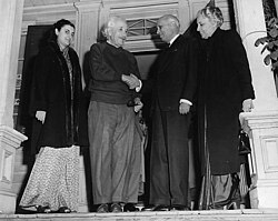 Jawaharlal Nehru, India's first Prime Minister and his daughter Indira Gandhi (future PM) meeting Einstein at 112 Mercer Street in Princeton, 1949