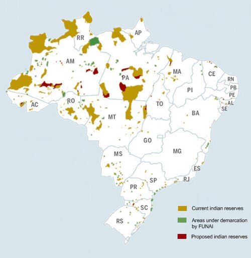Map of Indigenous territories in Brazil as of 2008. Orange indicates demarcated lands; green shows lands under the demarcation process, and dark red marks new proposals
