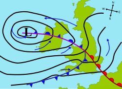 A fictitious synoptic chart of an extratropical cyclone affecting the UK and Ireland. The blue arrows between isobars indicate the direction of the wind, while the "L" symbol denotes the centre of the "low". Note the occluded, cold and warm frontal boundaries.