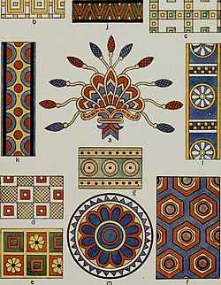 A 20th-century illustration of decorative patterns found in ancient Assyrian reliefs and garments