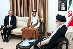 Tamim with Iran's Ayatollah Ali Khamenei and President Masoud Pezeshkian in Tehran, 19 February 2025