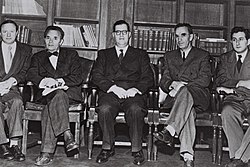 Israeli UN delegation: (L–R) consul general A. Lourie; counsellor J. Robinson; Eban; Avraham Katznelson; Gideon Rafael (1950)