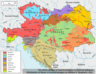 Ethno-linguistic map of Austria-Hungary, 1910. Bosnia-Herzegovina was annexed in 1908.