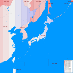 This map shows the difference between legal time and local mean time in Japan and its neighborhood. Eastern part of Hokkaido is over 30 minutes behind and western part of Ryukyu islands is over 30 minutes ahead of local solar time as a single standard time offset of UTC+09:00 is observed in whole country of Japan, even in its easternmost territory, Minamitorishima (153°59′E) and its westernmost territory, Yonaguni (122°56′E).