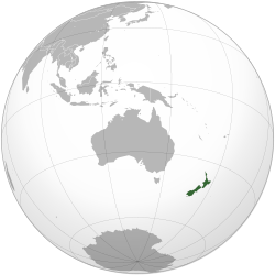 A map of the hemisphere centred on New Zealand, using an orthographic projection.