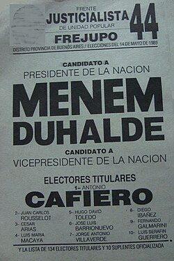 Ballot of the Justicialist Party for the 1989 presidential elections