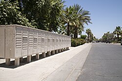 Cluster boxes in Thermal, California in 2022. In 2013 and 2014, proposals were made to replace all door-to-door mail delivery with either cluster boxes or curbside mailboxes.