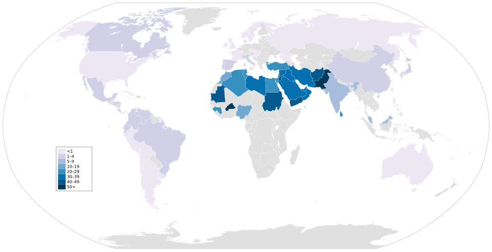 Consanguineous marriages (second-degree cousins or closer) in the world, in percentage (%).[68]