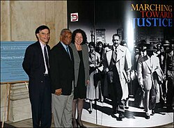U.S. circuit judges (from left to right) Robert A. Katzmann, Damon J. Keith, and Sonia Sotomayor at a 2004 exhibit on the Fourteenth Amendment, Thurgood Marshall, and Brown v. Board of Education