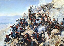 Russian troops fighting against Ottoman troops at the Battle of Shipka Pass (1877)