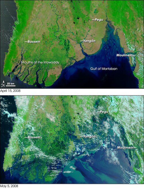 Floodplains and low-lying coastal areas will flood more frequently due to climate change, like this area of Myanmar which was submerged by Cyclone Nargis.